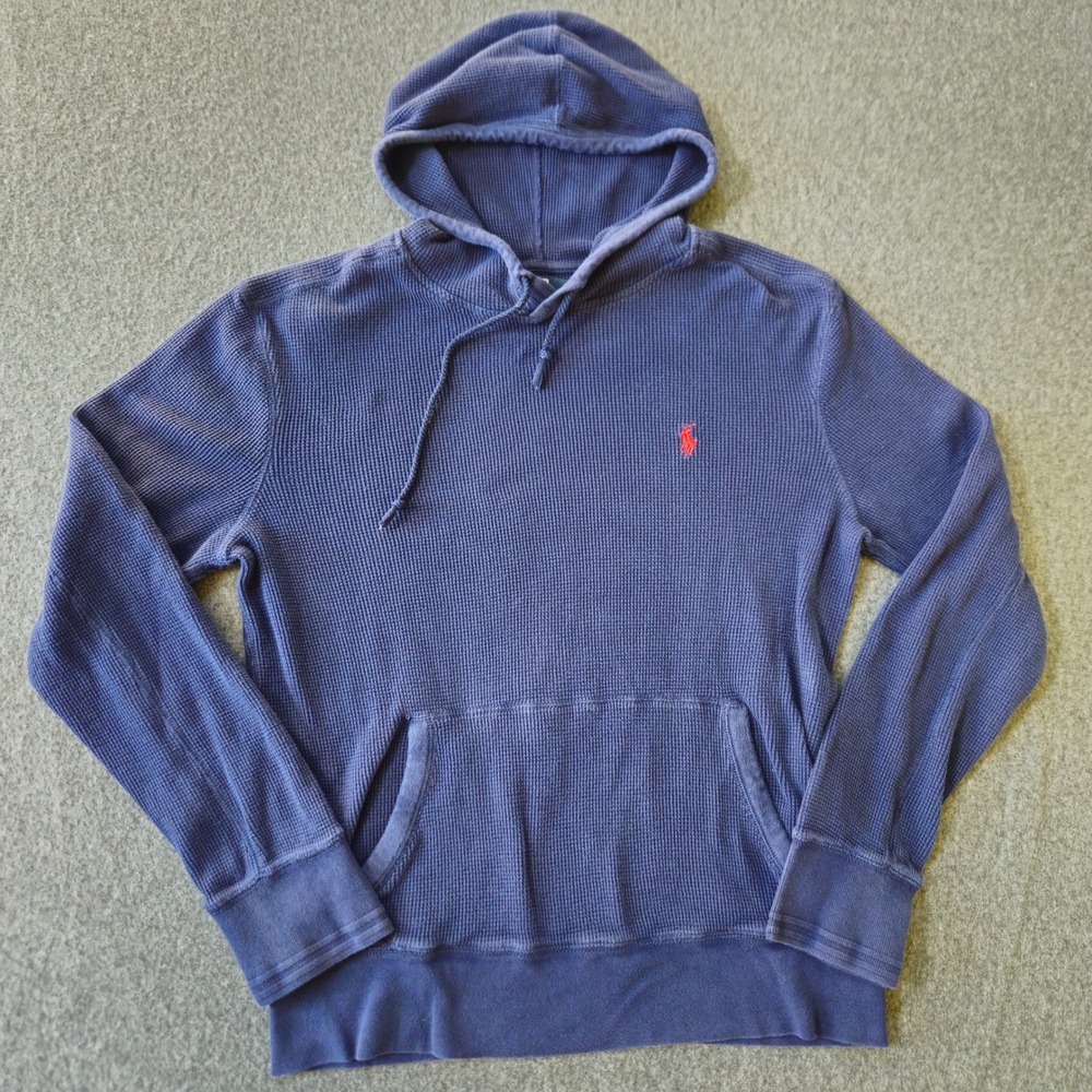 POLO RALPH LAUREN Washed Navy Waffle Knit Thermal Hoodie‎ L Red Pony Preppy